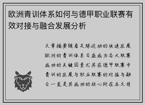 欧洲青训体系如何与德甲职业联赛有效对接与融合发展分析