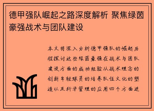 德甲强队崛起之路深度解析 聚焦绿茵豪强战术与团队建设