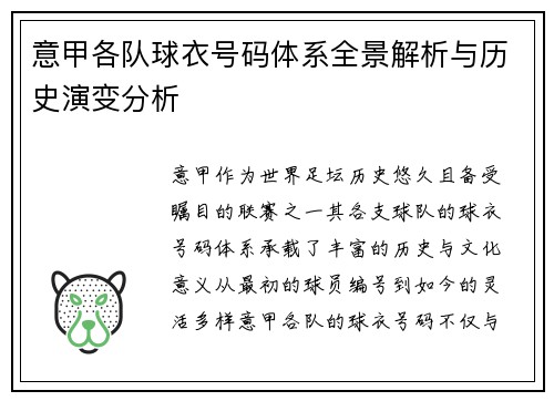 意甲各队球衣号码体系全景解析与历史演变分析