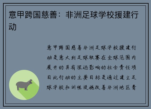 意甲跨国慈善：非洲足球学校援建行动